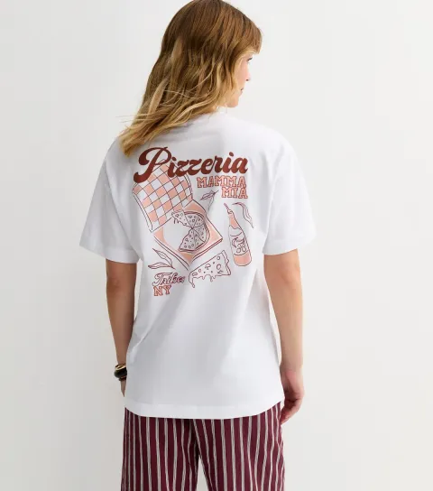 Women's White Pizza Print Oversized T-Shirt