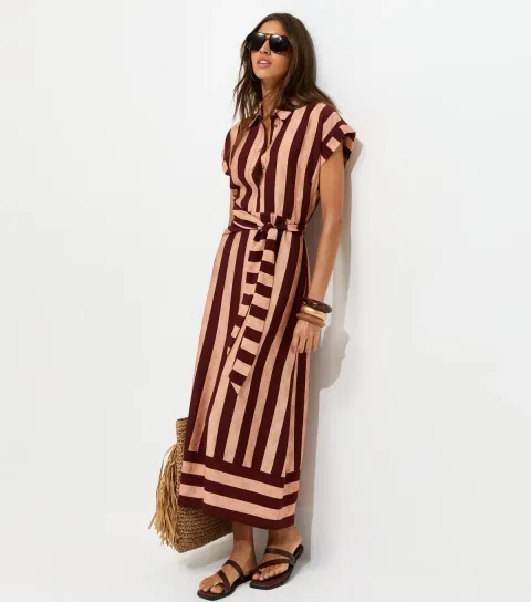 Women's Brown Striped Short Sleeve Midi Shirt Dress