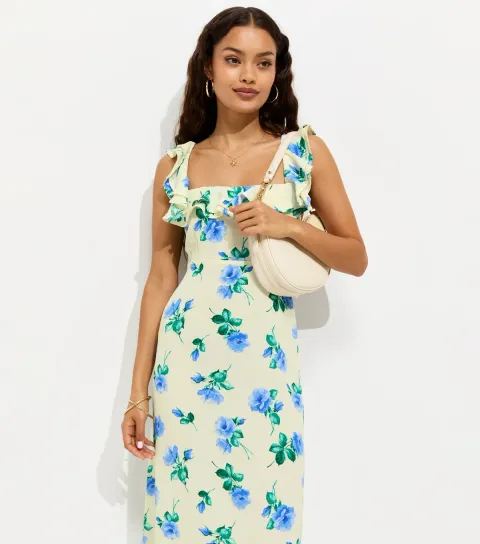 Women's Petite Cream Floral Ruffled Square Neck Midi Dress