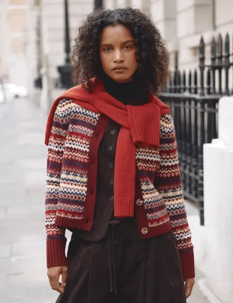 Fair Isle Crew Neck Cardigan with Wool Burgundy Mix