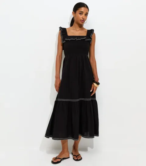 Women's Black Cotton Embroidered Ruffle Trim Midi Dress
