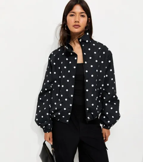 Women's Black Woven Polka Dot Zip Up Windbreaker Jacket