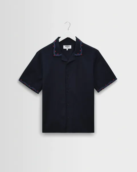 Didcot - Navy Cross-Stitch Border Short-Sleeve Shirt