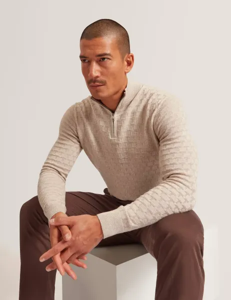 Wool Blend Textured Half Zip Jumper Natural