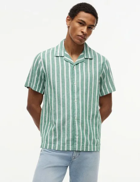 Tommy Hilfiger Regular Fit Cotton Linen Blend Shirt Green Mix