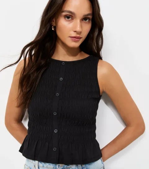 New Look Women's Black Cotton Faux Button Shirred Flared Hem Top