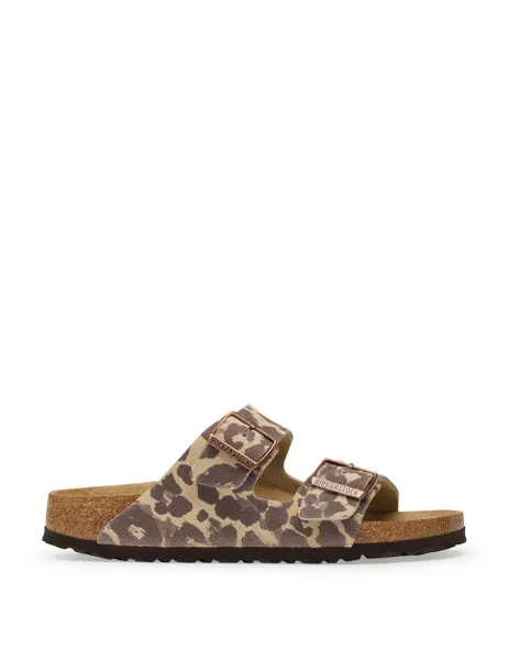 Birkenstock Arizona Suede Animal Print Footbed Sandals Beige
