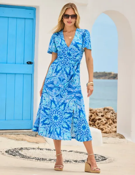 SOSANDAR Paisley V-Neck Tie Waist Midi Wrap Dress Blue Mix