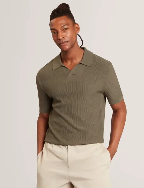 Ted Baker Textured Open Neck Knitted Polo Shirt Khaki