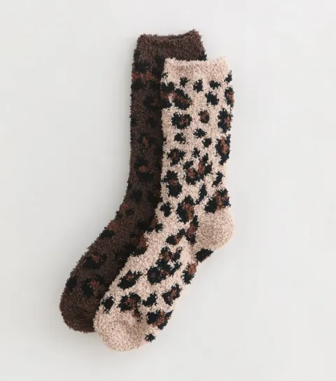 Pack of 2 Brown Leopard Print Cosy Knit Ankle Socks