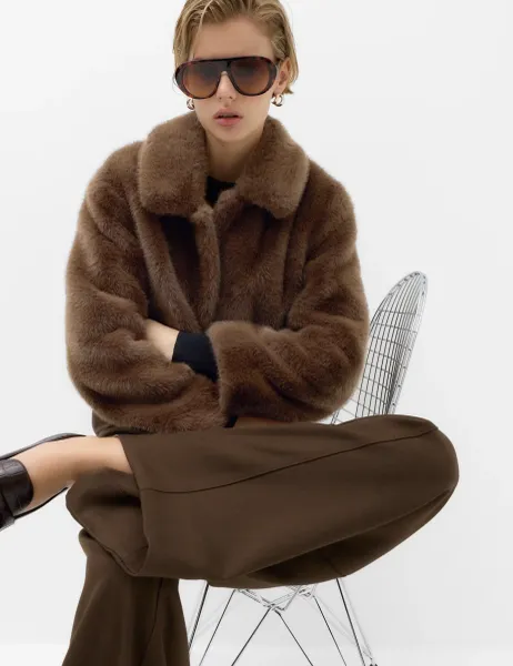 Marks & Spencer Faux Fur Collared Short Jacket Brown