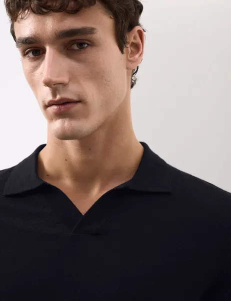 Autograph Pure Extra Fine Merino Wool Knitted Polo Shirt Dark Navy