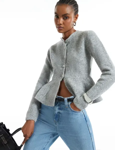 River Island Peplum Knitted Button Front Cardigan Grey Marl