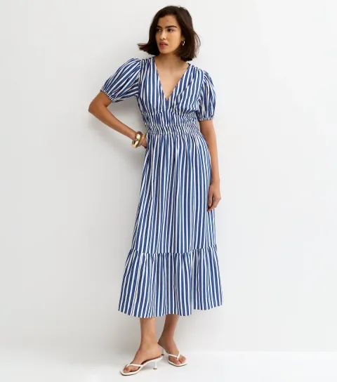 Women's Blue Crepe Striped V-Neck Short Sleeve Midi Dress