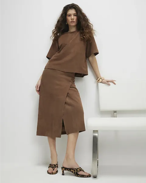 River Island Suede Midi Wrap Skirt