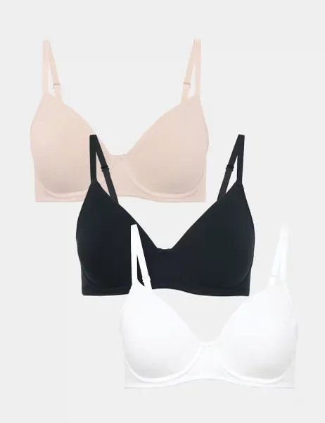 Marks & Spencer 3 Pack Cotton Rich Wired Full Cup Bras A-E Black Mix