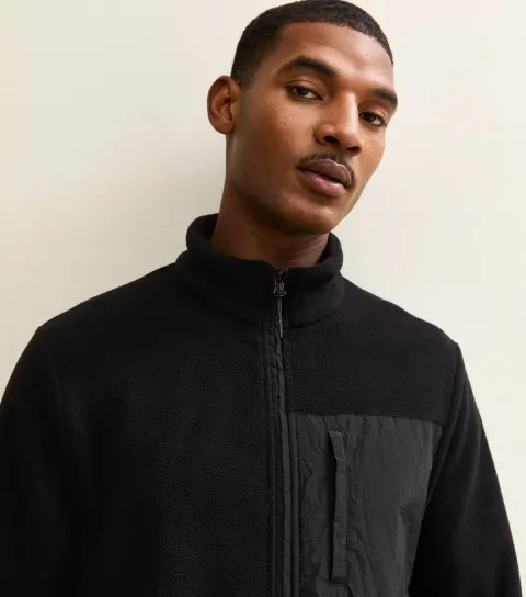 New Look Men's Black Regular Fleece Tech Jacket