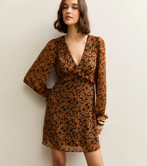 New Look Women's Brown Floral Long Sleeve Mini Dress