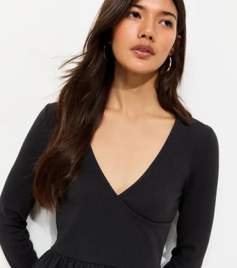 Women's Dark Grey Cotton Rich Long Sleeve Ribbed Wrap Front Mini Ballet Dress