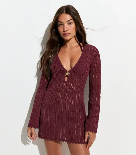 Women's Burgundy Star Buckle Crochet Kaftan Beach Dress