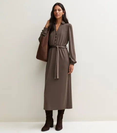 New Look Women's Brown Long Sleeve Belted Shirt Midi Dress