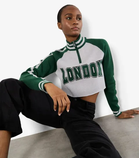 Women's Green London Slogan Quarter Zip Cropped Jumper