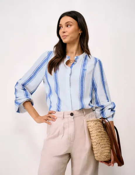 Crew Clothing Linen Rich Striped Crew Neck Blouse Navy Mix