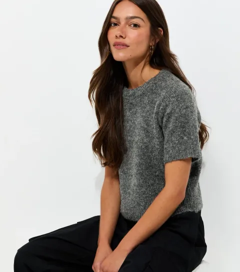 Women's Petite Dark Grey Brushed Knit Short Sleeve Top