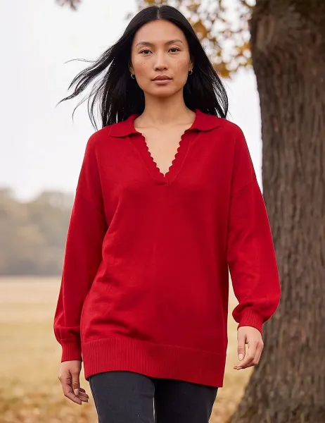 Roman Collared V Neck Boyfriend Jumper Red