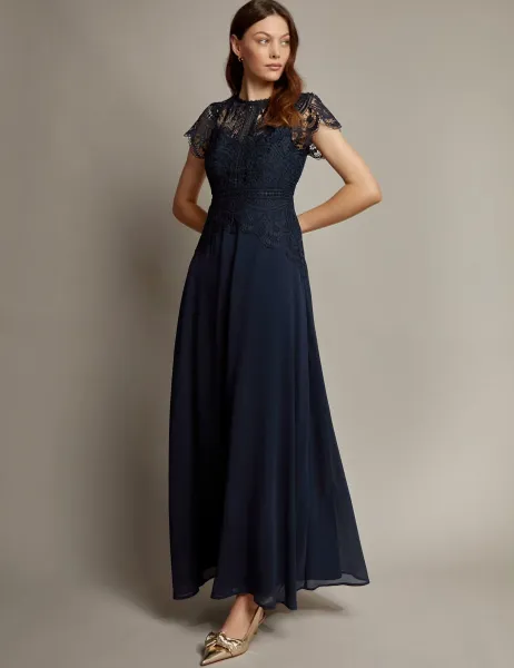 Monsoon Lace Round Neck Maxi Dress Navy