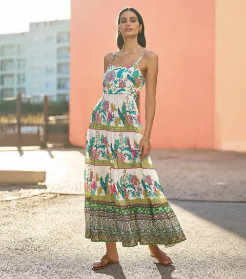 Women's White Floral Print Tiered Dress