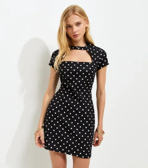 Women's Black Polka Dot Cut Out Neck Mini Dress