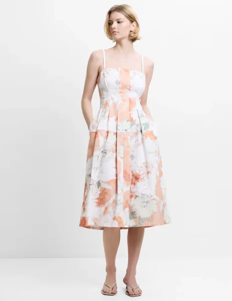Denim Floral Square Neck Midi Skater Dress Orange Mix