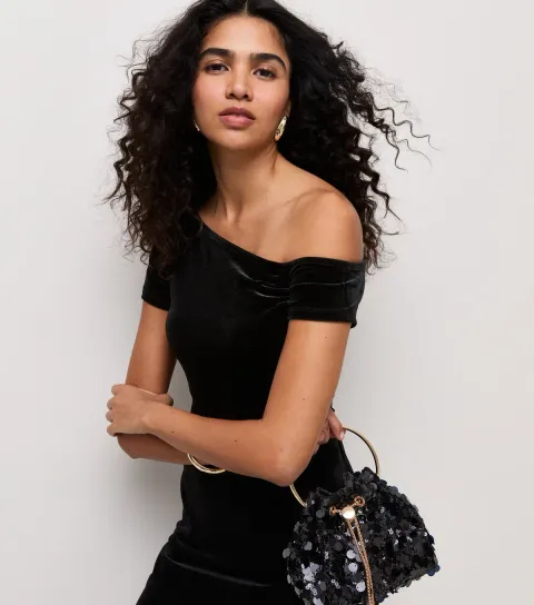 Women's Black Velvet Fallen Shoulder Bodysuit