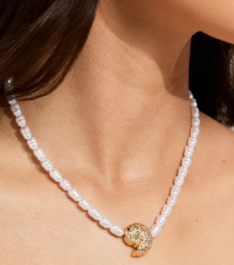 White Faux Pearl Swirly Shell Charm Necklace