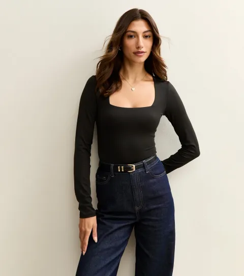 Women's Tall Black Square Neck Long Sleeve Bodysuit