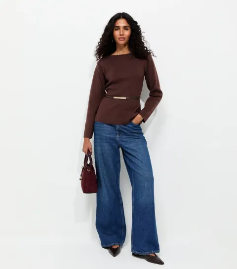 Women's Dark Burgundy Belted Slash Neck Jumper