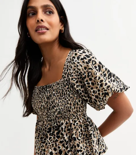 Women's Brown Leopard Print Shirred Tie Back Top