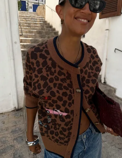 Never Fully Dressed Animal Print Crew Neck Relaxed Cardigan Brown Mix