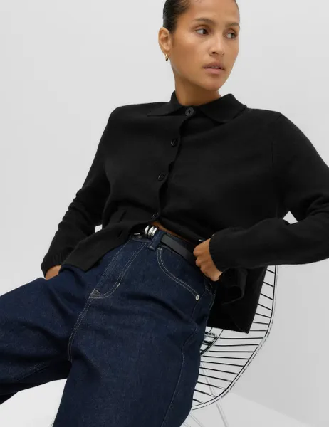 Marks & Spencer Air-Yarn Collared Relaxed Cropped Cardigan Black