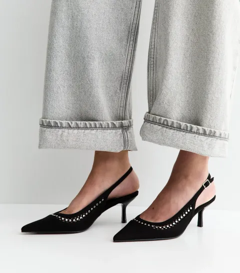 Women's Black Faux Suede Studded Slingback Court Shoes Vegan