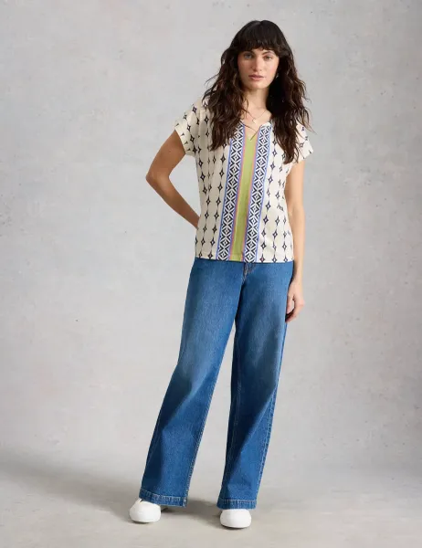White Stuff Pure Cotton Printed Notch Neck T-Shirt White Mix