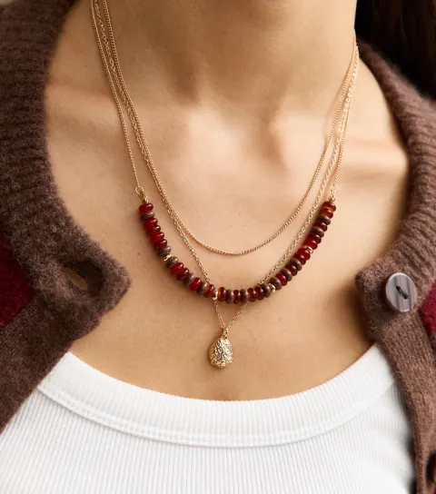 New Look Gold Tone Triple Layer Beaded Pendant Necklace