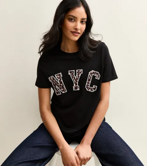 Women's Black Leopard Print NYC Slogan T-Shirt