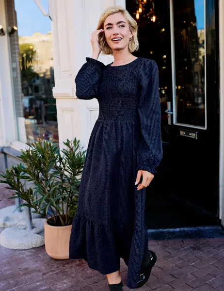 Regatta Textured Shirred Maxi Tiered Dress Dark Blue