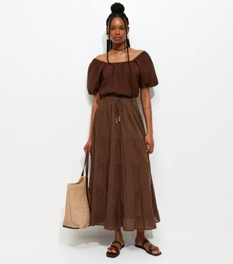 Women's Brown Tiered Midi Skirt