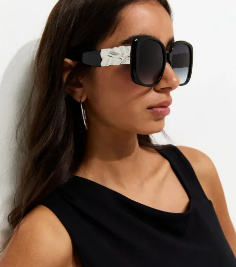 Black Square Frame Textured Trim Sunglasses