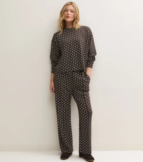 New Look Women's Premium Brown Spot Print Wide Leg Joggers