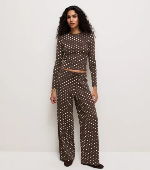 Women's Brown Cotton Rich Polka Dot Wide Leg Trousers