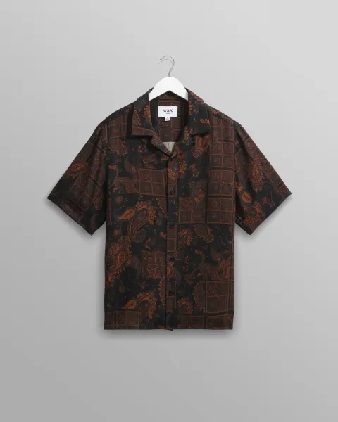 Wax London Didcot - Black and Brown Paisley Short-Sleeve Shirt